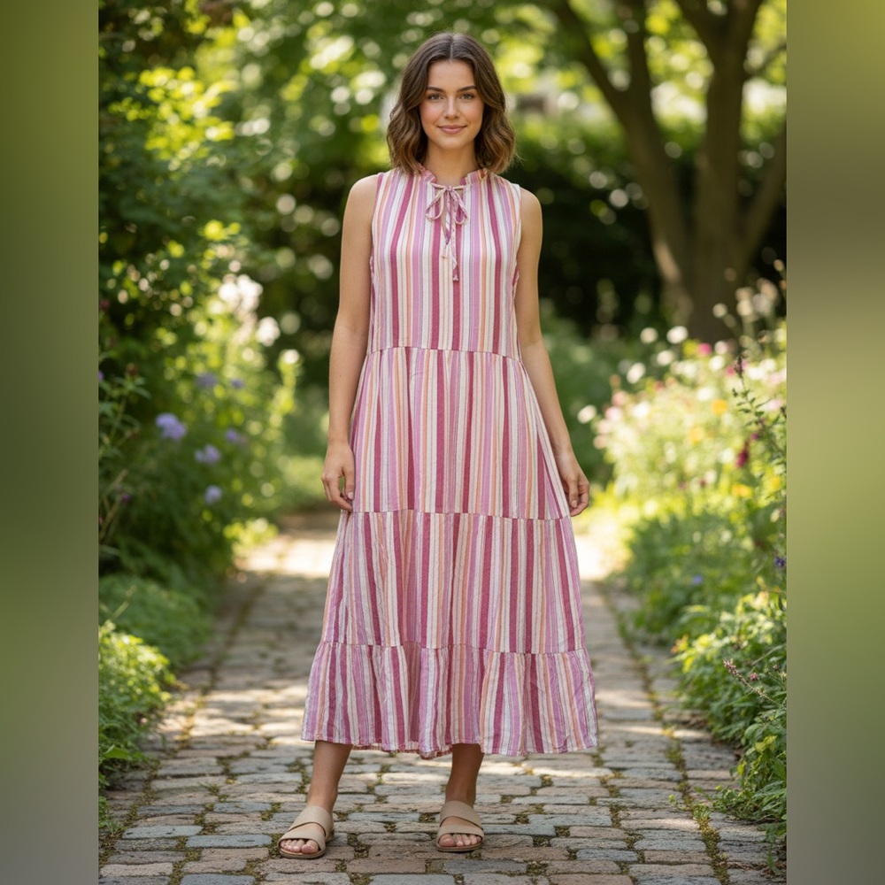 Loft Ann Taylor midi dress striped Pink Peach White Size large ruffle sleeveless